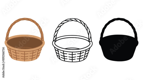 Three different illustrations of baskets on a white background