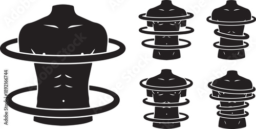 Black silhouette of abstract torso with spiral shapes around