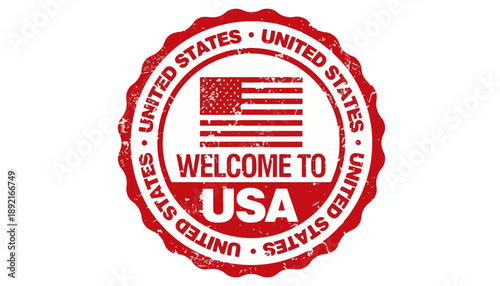 A close-up view of a red Welcome to USA stamp with the American flag.