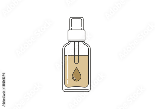 Clear Glass Bottle With Dropper Full Of Clear Liquid And Falling Droplet Showing Product Contents With White Cap And Spray Nozzle On White Background
