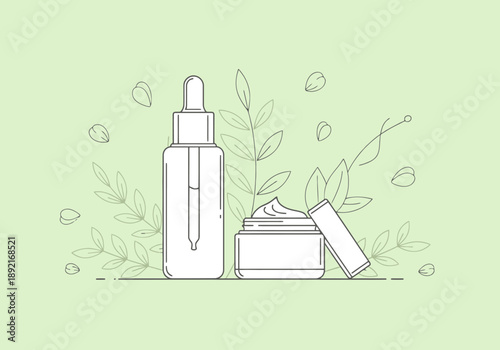 Natural Skincare Products Essential Serum Dropper Bottle And Cream Jar With Botanical Elements In Soft Pastel Green Background For Beauty And