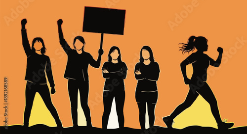 Group of women protesting with signs and raised fists.