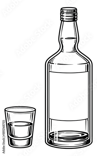 Hand drawn line art alcoholic drink set featuring a bottle of spirits and a shot glass for beverage branding
