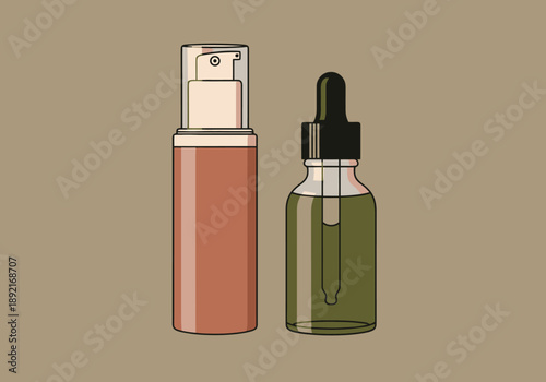 Two cosmetic containers displayed side by side a pump dispenser and a dropper bottle on a neutral background