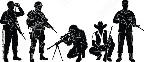 Armed soldiers and hunters silhouette collection with rifles and sniper gear, military tactical figures and armed men silhouettes isolated on white