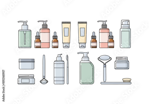 Collection of modern skincare products and beauty implements arranged artistically for personal care and wellness routines