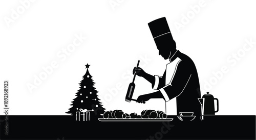 Chef preparing festive holiday food with Christmas tree in background