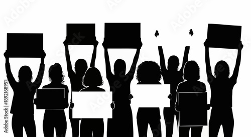 Group of people holding blank signs in protest silhouette.