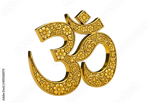 Golden om symbol intricately carved with floral motifs isolated on transparent background