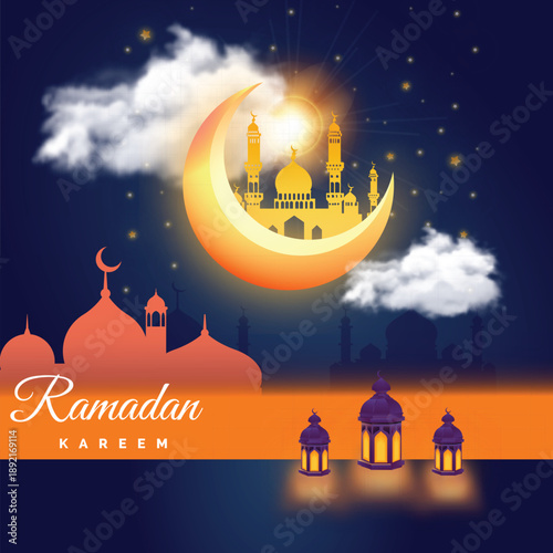 ramadan kareem card design with beautiful lanterns illustration