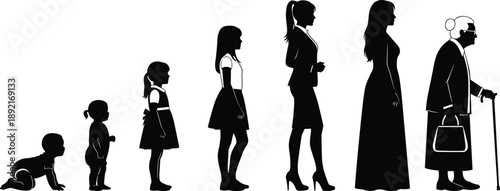 Human life stages silhouettes from baby to elderly woman, female aging process timeline, black vector illustration isolated on white background