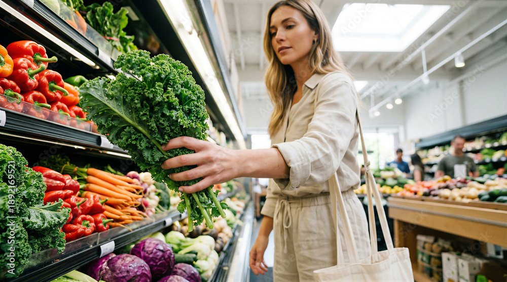 Obraz premium Woman selecting fresh kale in supermarket produce aisle. Healthy organic shopping for nutritious vegetables. Sustainable eating lifestyle and farm to table concept