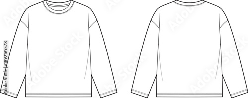 Long sleeve crew neck sweatshirt technical fashion illustration with front and back views, minimalist apparel flat sketch template isolated on white background