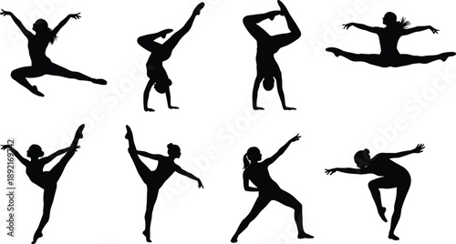 Ballet and contemporary dance silhouettes in dynamic poses, graceful female dancers, black vector illustration isolated on white background
