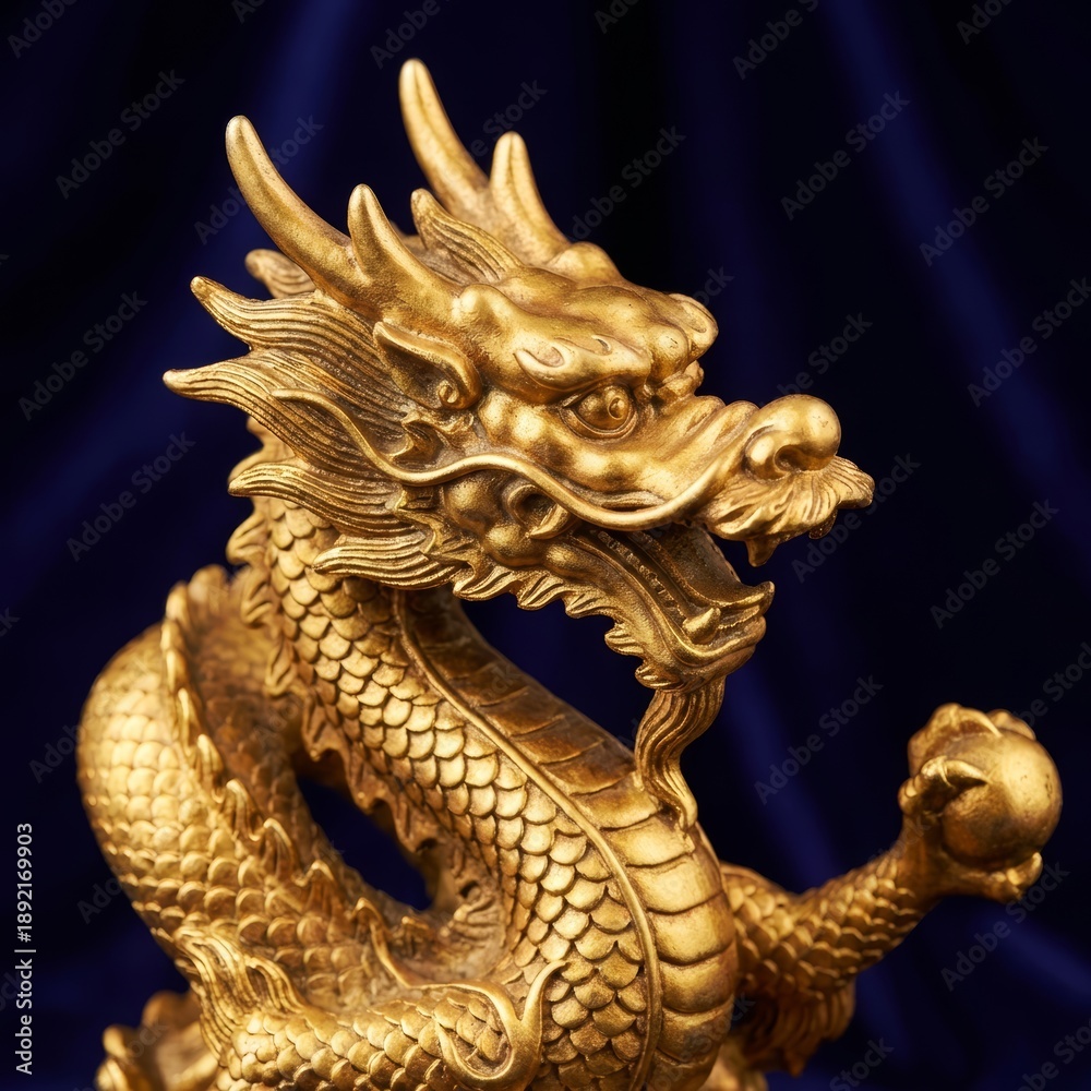 Fototapeta premium Close-up of Golden Chinese Imperial Dragon Statue - Symbol of Power and Wealth