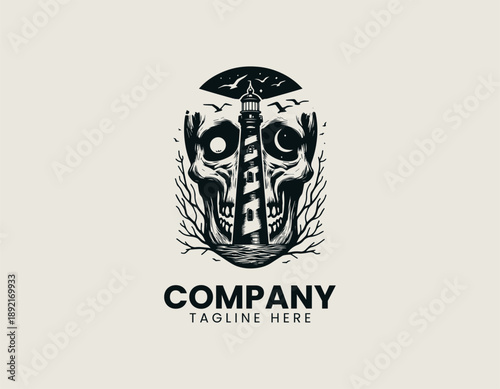 Surreal human skull fused with lighthouse tower is isolated on plain background artistic. Gothic branding concept
