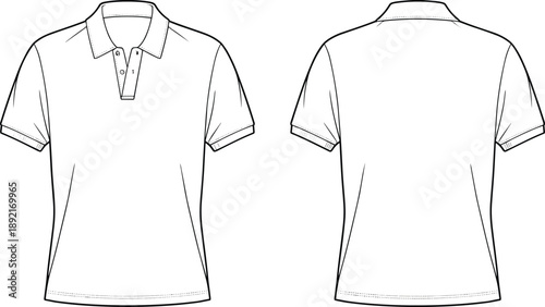 Men polo shirt technical flat illustration showing front and back views, short sleeve classic polo t shirt outline sketch for fashion design