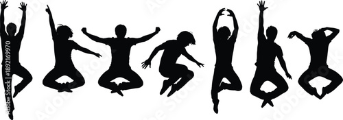 Jumping people silhouettes in dynamic poses, energetic human figures, black vector illustration isolated on white background for creative design