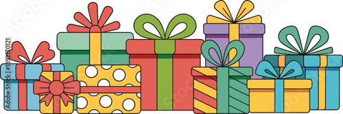 Colorful gift boxes, festive wrapping, holiday packaging, celebration theme, ribbon bows, cheerful design, decorative layout, vibrant patterns, joyful mood, assorted styles