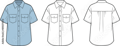 Men short sleeve button up shirt technical illustration with chest pockets, front and back views, casual workwear apparel flat sketch design