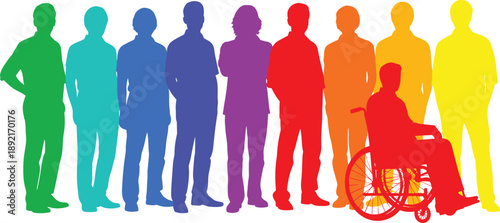 Colorful diverse people silhouette illustration representing inclusion equality disability awareness and community unity with wheelchair user isolated on white background