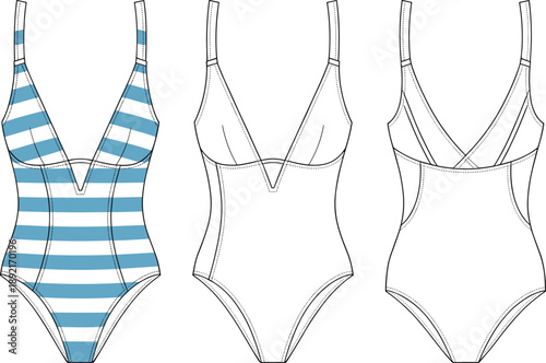 One piece swimsuit fashion technical sketch with striped and plain variations, front and back views, women swimwear flat illustration isolated on white background