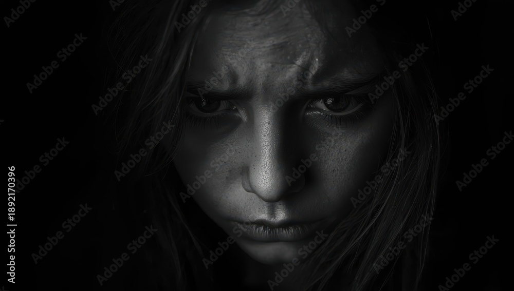 Fototapeta premium Close-up of a sorrowful girl in shadows, monochrome.png