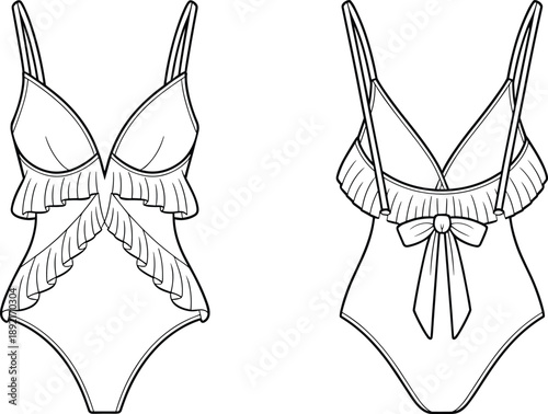 One piece swimsuit technical fashion illustration with front and back views, ruffle detail swimwear flat sketch for women apparel design and production