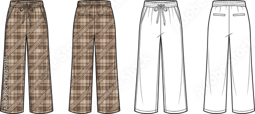 Plaid wide leg pants technical flat illustration with front and back views, elastic waist trousers design sketch for casual fashion apparel