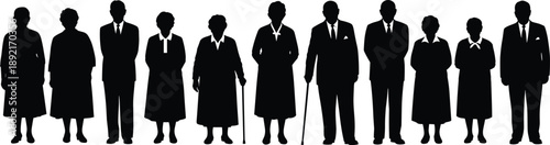 Black and white vector silhouettes of senior citizens and elderly people standing in a row for retirement community healthcare and social group concepts