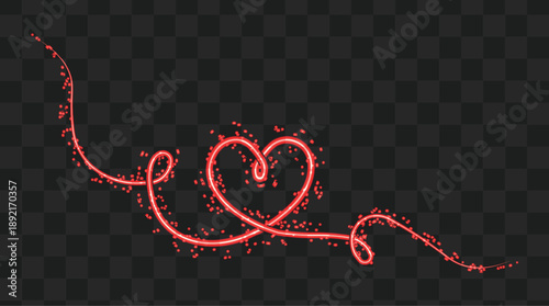 Glowing red neon heart shape with sparkling light string design on a transparent background, perfect for romantic and festive occasions.