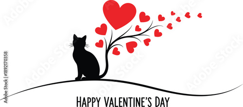 Black cat silhouette sitting with red hearts growing from tail on a white background for Happy Valentine's Day greeting cards and pet lover celebrations