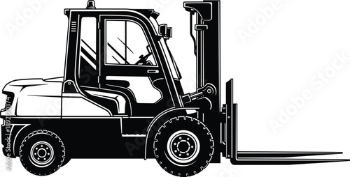 Heavy Duty Industrial Forklift Vector Illustration Black and White Side View Silhouette for Warehouse Logistics Distribution Center Construction Machinery and Material Handling Design Projects