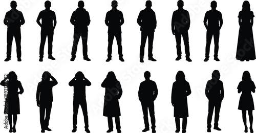 Standing people silhouette set featuring men and women in casual poses representing everyday characters isolated on white background illustration