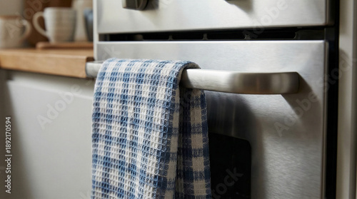 Blue and white checkered dish towel hanging on stainless steel oven handle. Modern kitchen appliance in home interior. Cooking and baking preparation concept