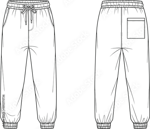 Technical fashion flat sketch of jogger pants, front and back view, elastic waistband with drawstring, casual sweatpants design, vector apparel illustration