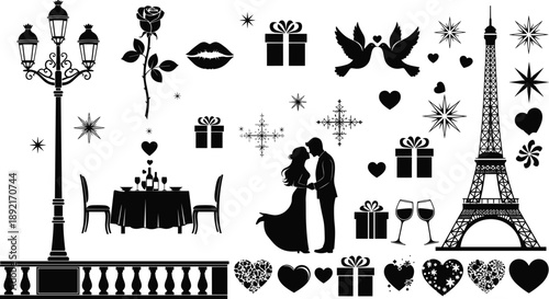 Large Collection of Romantic Paris Silhouettes Featuring Eiffel Tower Couple Kissing Rose Hearts Wine and Gift Boxes for Valentine Day Wedding and French Travel Design