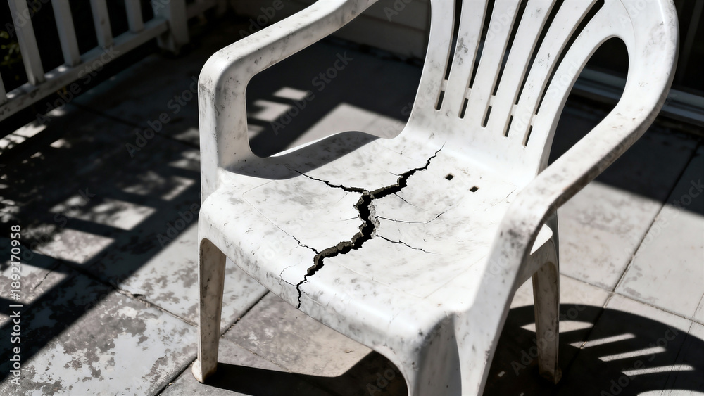 Fototapeta premium Aged white plastic lawn chair cracked from weather exposure on sunny balcony. Outdoor patio furniture showing wear and tear. Residential home decor maintenance and replacement concept for summer