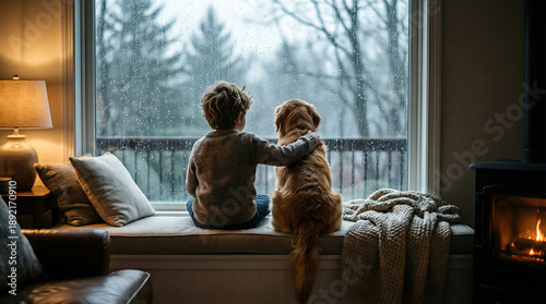 Wallpaper Mural Boy hugging golden retriever dog by rainy window. Child and pet sharing cozy moment indoors on winter day. Companionship and comfort in stormy weather concept Torontodigital.ca