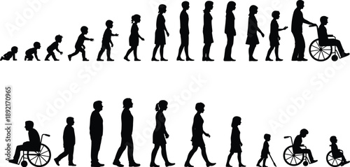Human life stages silhouette set illustrating aging progression from crawling baby to elderly wheelchair figures isolated on white background