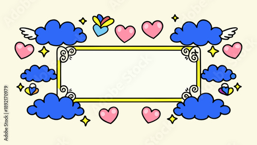 Whimsical cloud frame with hearts and wings