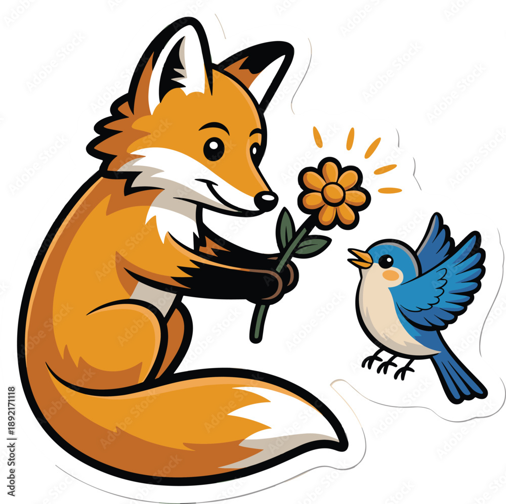 Fototapeta premium Fox offering flower to small bird, friendship, nature scene