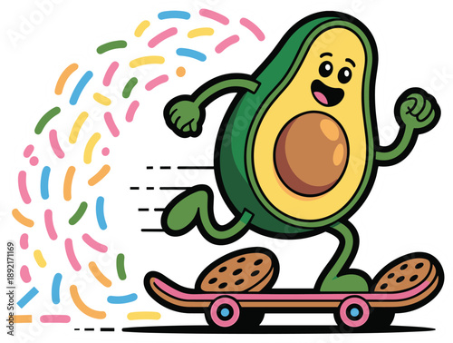Happy avocado character riding skateboard with colorful confetti trail