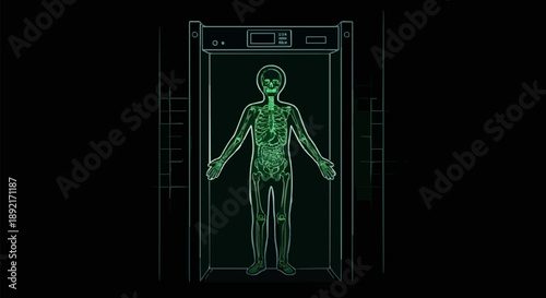 Human body scan inside security metal detector archway.