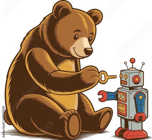 Large teddy bear gives small robot key, friendship, learning, technology, toy repair