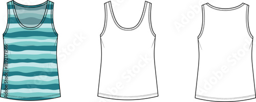 Technical fashion flat sketch of sleeveless tank top, front and back views, striped casual vest design, clean outline apparel vector illustration