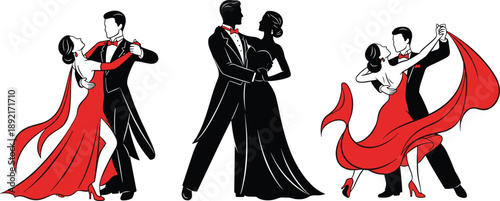 Set of Professional Ballroom Dancers Silhouettes in Elegant Formal Attire for Wedding Invitations Gala Events Dance Competitions Anniversary Celebrations and Romantic Performance Design Projects