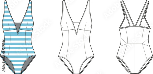 Technical fashion flat sketch of women one piece swimsuit, front and back views, deep V neck design, striped swimwear apparel vector illustration