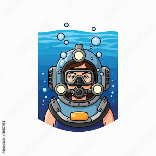 A cartoon diver in a vintage diving helmet