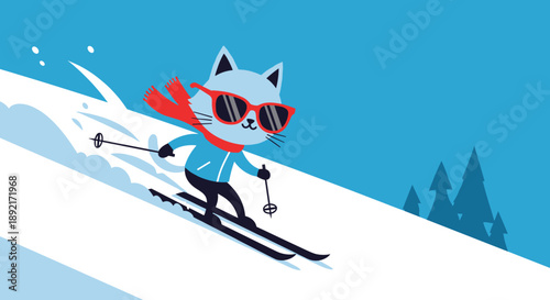Cute light blue cat wearing a red scarf and sunglasses skiing fast down a snowy mountain slope with pine trees.